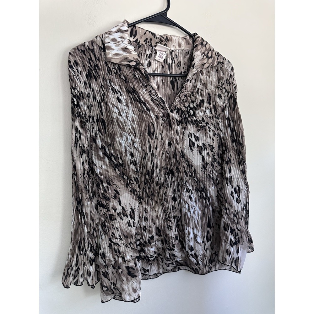 VTG 90s Grunge Leopard Cheetah Black Crinkle Plisse 3/4 Sleeve Shirt Size SMALL - Picture 2 of 14